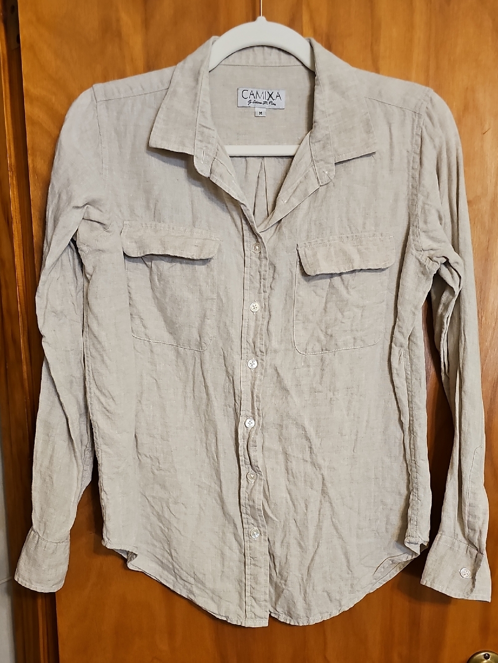 Camixa | Long-Sleeve Linen Button-Up Shirt in Beige